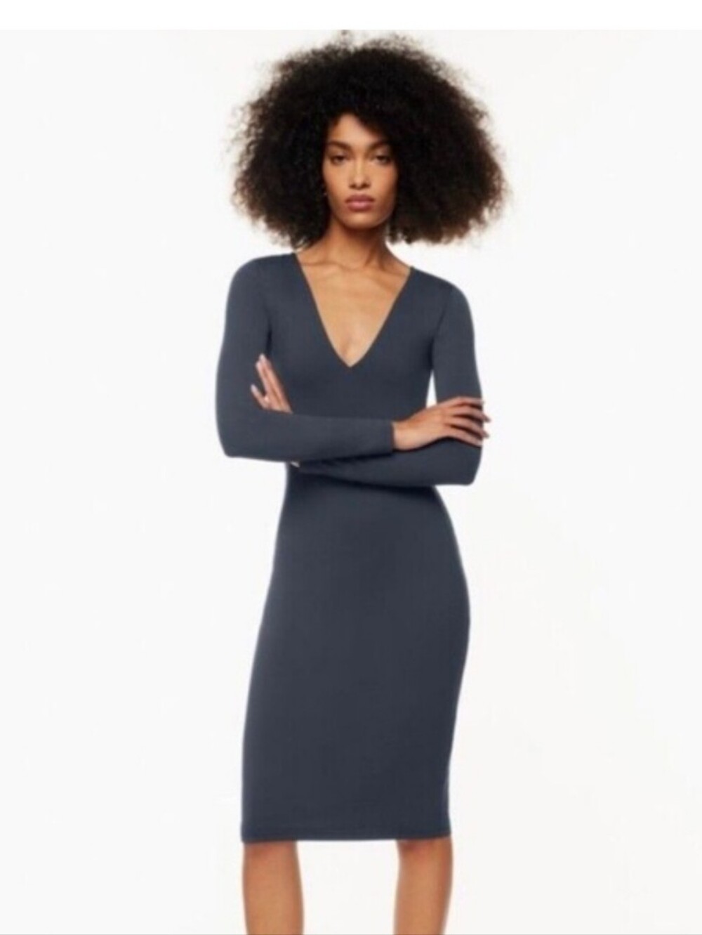 Babaton Aritzia Navy Blue Long Sleeve Deep V-Neck Bodycon Midi Dress XS